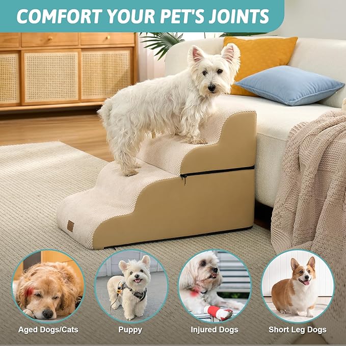 Detachable Curved Wide Dog Stairs 19.7" H, 4 Step Small Dog Step for Puppy or Older Cat, Ramp for Bed, Sofa, Couch or Chair, Ladder with High Density Foam, 17.7x28.3x19.7 inch, Beige