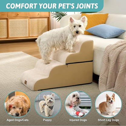 Detachable Curved Wide Dog Stairs 19.7" H, 4 Step Small Dog Step for Puppy or Older Cat, Ramp for Bed, Sofa, Couch or Chair, Ladder with High Density Foam, 17.7x28.3x19.7 inch, Beige