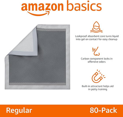 Amazon Basics Carbon Odor Control Dog and Puppy Pee Pads, 5-Layer Leak-Proof Super Absorbent, Quick-Dry Surface for Potty Training, Regular Size 22"x22", Gray, 80 Count
