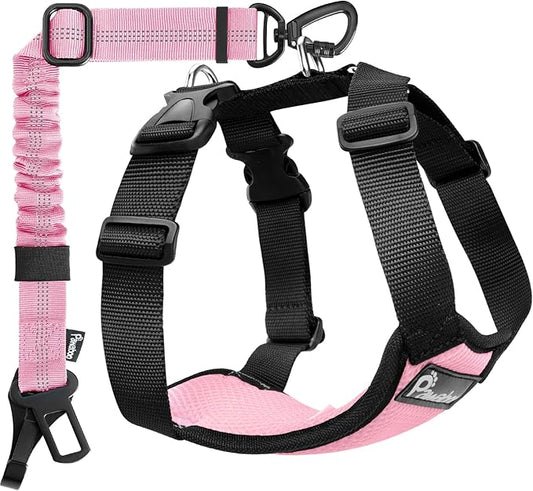 Pawaboo Dog Seat Belt Harness for Car, Dog Car Harness Seatbelt with Double Clips, Adjustable Breathable Pet Vest & Dogs Safety Tether with Elastic Bungee for Small Medium Large Pet, S, Pink + Black