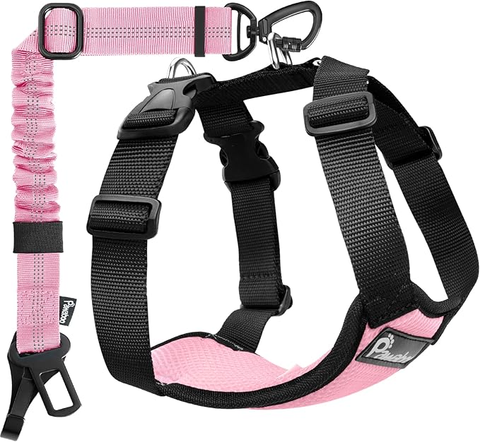 Pawaboo Dog Seat Belt Harness for Car, Dog Car Harness Seatbelt with Double Clips, Adjustable Breathable Pet Vest & Dogs Safety Tether with Elastic Bungee for Small Medium Large Pet, L, Pink + Black