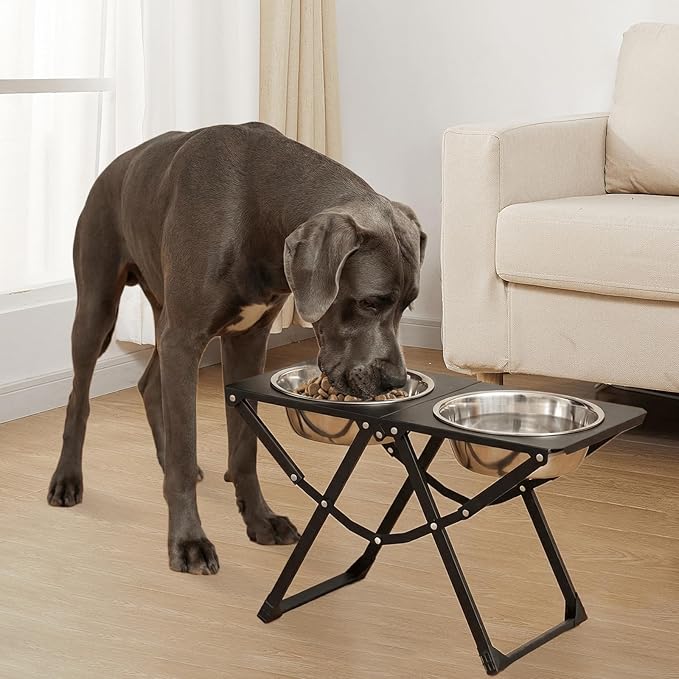 Foldable Elevated Dog Bowl Holder with 2 Large 111oz Stainless Steel Bowls, 14.5" Tall Raised Dog Bowl Stand for Large/Extra Large Breeds, Indoor and Outdoor Use