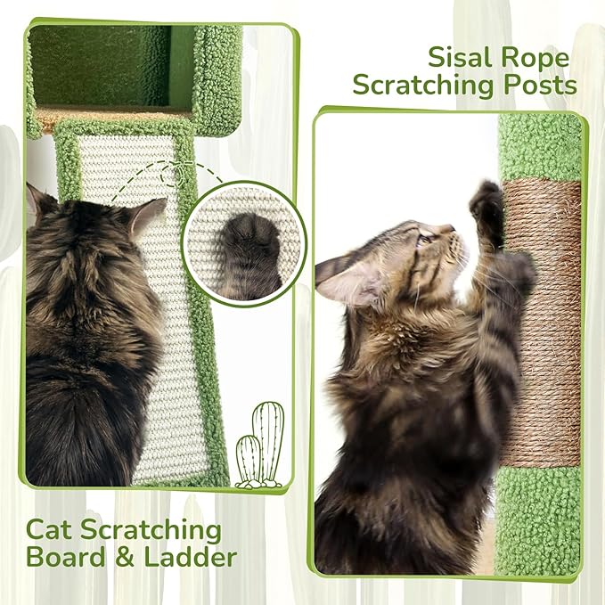 Globlazer Large Cactus Cat Tree Tower, 70in Tall Heavy Duty Green Cat Tree for Indoor Cats Sturdy Cat Tower with Scratching Post and Board, Hammock, Cat Condos for Adult Cats Kittens, F70 Pro, Green