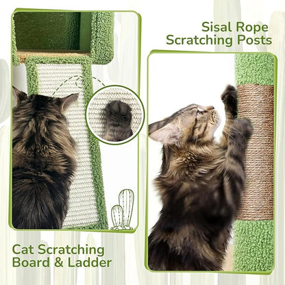 Globlazer Large Cactus Cat Tree Tower, 70in Tall Heavy Duty Green Cat Tree for Indoor Cats Sturdy Cat Tower with Scratching Post and Board, Hammock, Cat Condos for Adult Cats Kittens, F70 Pro, Green