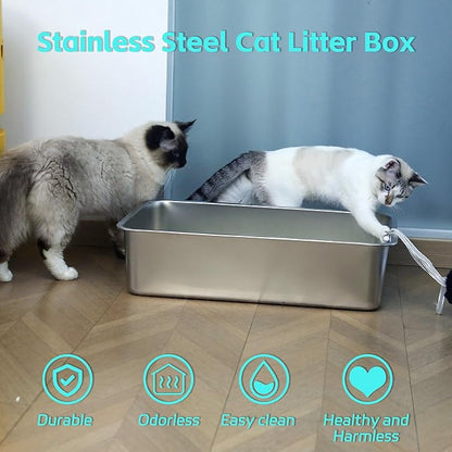 Stainless Steel Litter Box -6in High Side,Metal Litter Box for Cat/Kitty/Rabbits 17" L x 13.8" W x 6" H，Stainless Steel Cat LitterBox-Metal PanToilet,No Smell, Non Stick, Easy Clean