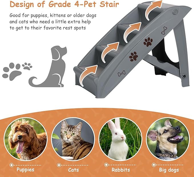 20" H 4-Step Dog Stairs for Small Dogs and Cats, Non-Slip Dog Steps for High Beds, Couch, Sofa, Sturdy Pet Steps (Grey)
