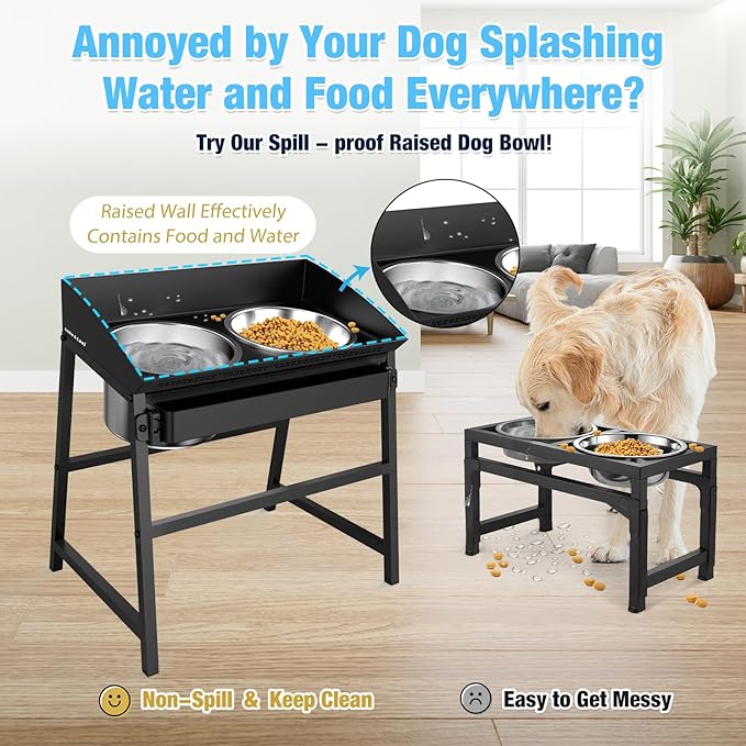Bobbie & Laxi Elevated Dog Bowls for Large Dogs, 15-inch Tall Raised Dog Bowl Stand with Plastic Guard, Tilted Spill Proof Dog Bowl Design, Stainless Steel Food and Water Bowls for Mess-Free Floors