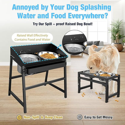 Bobbie & Laxi Elevated Dog Bowls for Large Dogs, 15-inch Tall Raised Dog Bowl Stand with Plastic Guard, Tilted Spill Proof Dog Bowl Design, Stainless Steel Food and Water Bowls for Mess-Free Floors