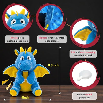 Squeaky Plush Dragon Dog Chew Toy - 8.3‘’X9‘’ Dog Toy for Small/Medium Dogs to Keep Pups Busy，Chewer Dog Toy with Crinkle Paper（Blue）