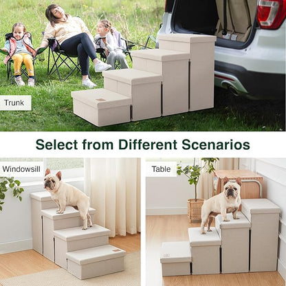 Love's cabin Dog Stairs for Small Medium or Large Dogs with Storage and Adjustable Steps, Foldable Pet Steps for Bed or Couch, 4-Step Beige Folding Cat Ramp with Zip up to 200 lbs, Beige