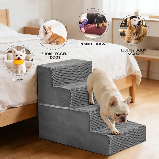 DUMOS Dog Stairs for Small and Medium Dogs, 4-Step Pet Steps with High-Density Foam, Indoor Non-Slip Pet Ramp for Puppy and Older Dogs Cats, Dog Bed Stairs for Couch and Sofa, Grey