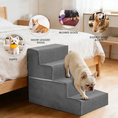 DUMOS Dog Stairs for Small and Medium Dogs, 4-Step Pet Steps with High-Density Foam, Indoor Non-Slip Pet Ramp for Puppy and Older Dogs Cats, Dog Bed Stairs for Couch and Sofa, Grey