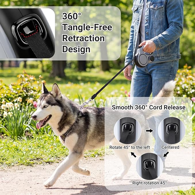 Segarty 16 Ft Retractable Leash with Waste Bag Dispenser, 5m Dog Leash with Anti-Slip Handle 360°Tangle-Free Retraction for Pet up to 66 Lbs, Durable Walking Accessory with One-Handed Brake Pause Lock