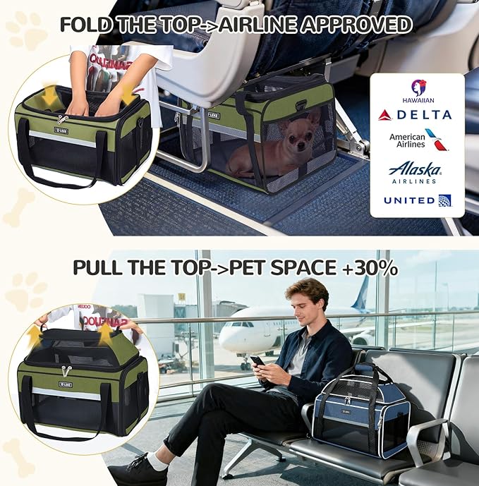 Lekereise Top-Expandable Pet Carrier 17x11x9.5 Inch Alaska Hawaiian Airline Approved Soft Sided Underseat to 12lbs Travel Carriers for Small Dogs and Cats with Locking Safety Zippers Anti-Scratch Mesh