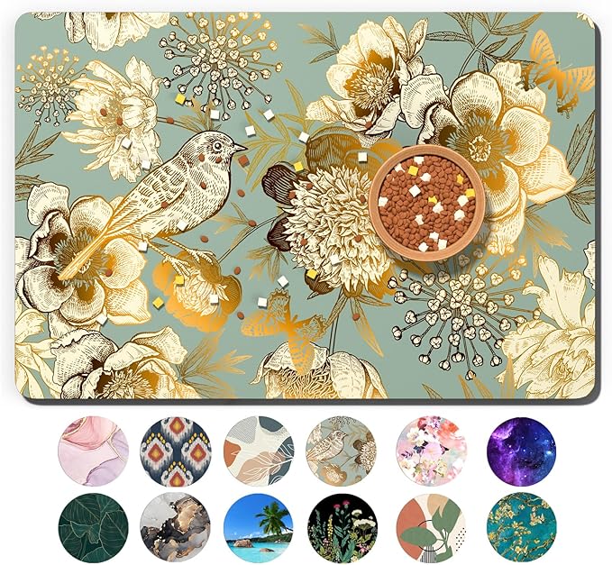 Dog Food Mat, 12" x 19" Flower Absorbent Dog Cat Bowl Mat for Food and Water, Cute Anti-Slip Rubber Pet Feeding Rug Protect Floors, Placemat for Feeding & Watering Supplies, Retro Floral