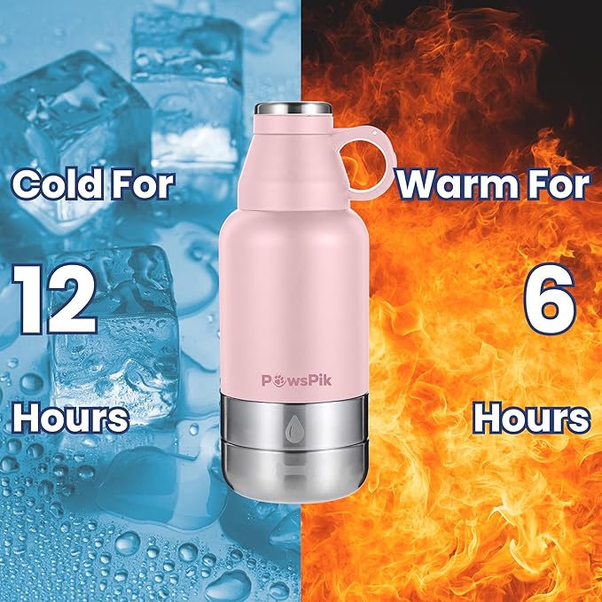 PawsPik 32oz 3-in-1 Travel Dog Water Bottle & Bowl Set – Stainless Steel Vacuum-Insulated Bottle with Detachable Food & Water Bowls, Leak-Proof, Keeps Water Cold 12hrs/Hot 6hrs (Cherry Blossom Pink)