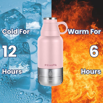 PawsPik 32oz 3-in-1 Travel Dog Water Bottle & Bowl Set – Stainless Steel Vacuum-Insulated Bottle with Detachable Food & Water Bowls, Leak-Proof, Keeps Water Cold 12hrs/Hot 6hrs (Cherry Blossom Pink)