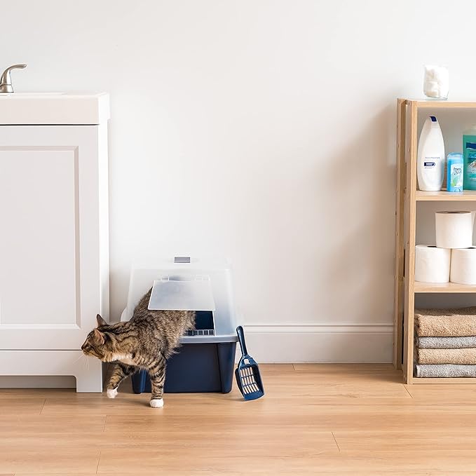 IRIS USA Cat Litter Box, Litter Box Enclosure with Scoop and Front Door Flap, Covered Kitty Litter Box for Privacy, Portable, Easy to Clean, Navy