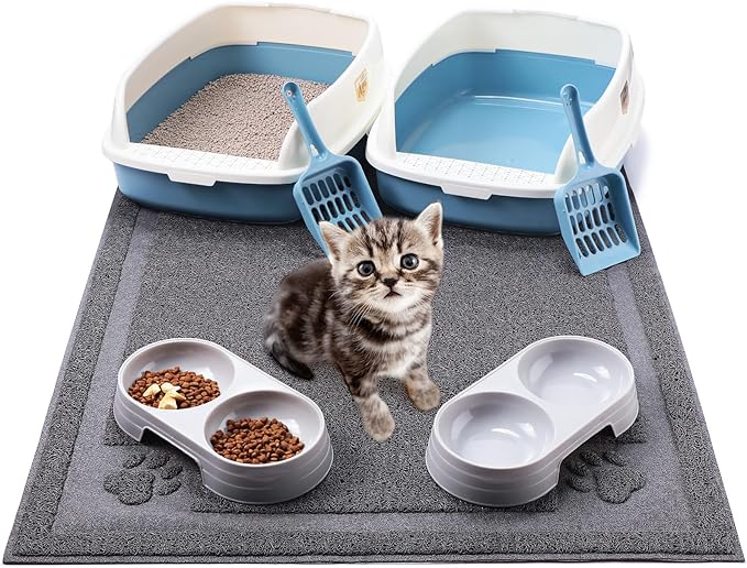 Sliner 7 Pcs Kitten Litter Box Starter Kit, 2 Plastic Small Kitty Litter Box Training Low Entry with Scoop, 2 Double Cat Bowl and Mat for Kitten Indoor(Blue)