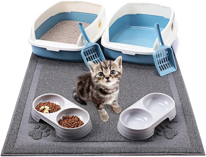 Sliner 7 Pcs Kitten Litter Box Starter Kit, 2 Plastic Small Kitty Litter Box Training Low Entry with Scoop, 2 Double Cat Bowl and Mat for Kitten Indoor(Blue)
