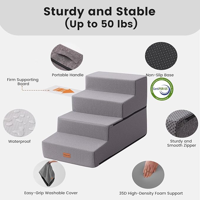 Gardner Pet Dog Stairs for Small Dogs 18.5" H, 4-Step Extra Wide Dog Steps for Bed, Pet Stairs for Bed and Couch with Durable Non-Slip Waterproof Fabric Cover and Soft Foam, Grey