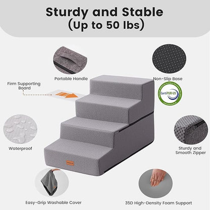 Gardner Pet Dog Stairs for Small Dogs 18.5" H, 4-Step Extra Wide Dog Steps for Bed, Pet Stairs for Bed and Couch with Durable Non-Slip Waterproof Fabric Cover and Soft Foam, Grey