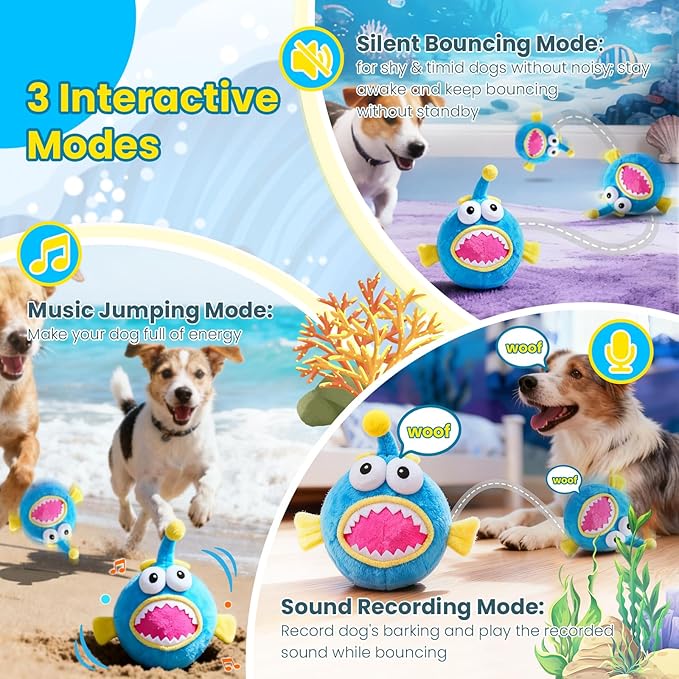 Interactive Dog Toys, Self Moving Dog Toy to Keep Them Busy, Electronic Vibrating Dogs Toy/Squeaky Bouncing Ball for Small Medium Large Dogs with Jumping Music Mode (Lanternfish)