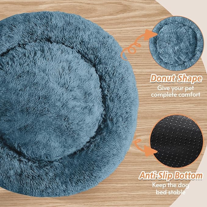 JOLLYVOGUE Calming Dog Beds Large Sized Dog, 36in Donut Washable Large Pet Bed, Anti-Slip & Anti-Anxiety Fluffy Faux Fur Round Dogs Bed, Fits up to 80 lbs Pets (Blue)