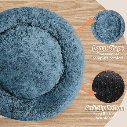 JOLLYVOGUE Calming Dog Beds Large Sized Dog, 36in Donut Washable Large Pet Bed, Anti-Slip & Anti-Anxiety Fluffy Faux Fur Round Dogs Bed, Fits up to 80 lbs Pets (Blue)