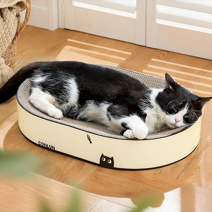 Large Oval Cat Scratcher Bowl, Cardboard Cat Scratching Pad & Lounge Bed, High-Density Reversible Cat Nest for Large Indoor Cats, Furniture Protector with Ergonomic Curve, Gift Catnip Included
