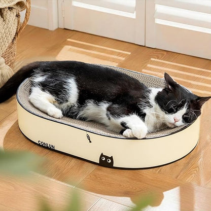Large Oval Cat Scratcher Bowl, Cardboard Cat Scratching Pad & Lounge Bed, High-Density Reversible Cat Nest for Large Indoor Cats, Furniture Protector with Ergonomic Curve, Gift Catnip Included