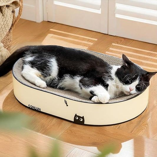 Large Oval Cat Scratcher Bowl, Cardboard Cat Scratching Pad & Lounge Bed, High-Density Reversible Cat Nest for Large Indoor Cats, Furniture Protector with Ergonomic Curve, Gift Catnip Included