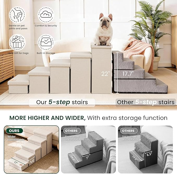 Love's cabin Dog Stairs for High Bed 22" H, Foldable Pet Stairs for Small Medium or Large Dogs Puppy with Storage for Bed or Couch, Cat Dog Steps Ramp with Zip up to 200 lbs, Beige, 5 Steps
