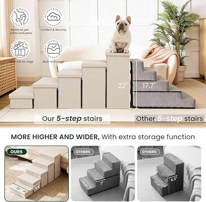 Love's cabin Dog Stairs for High Bed 22" H, Foldable Pet Stairs for Small Medium or Large Dogs Puppy with Storage for Bed or Couch, Cat Dog Steps Ramp with Zip up to 200 lbs, Beige, 5 Steps