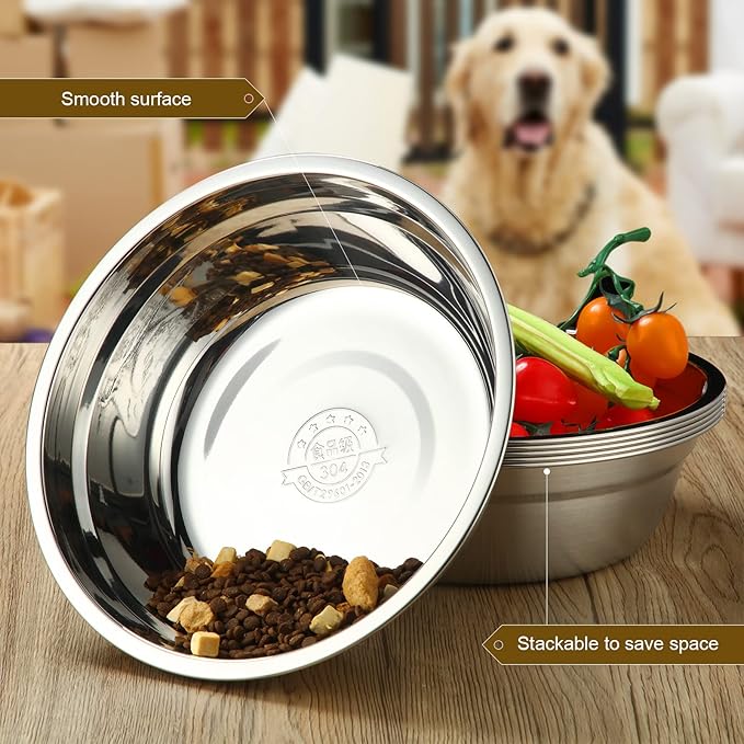 Mimorou 6 Pcs Stainless Steel Dog Bowls 9.4 Inches Replacement Basic Thickened Metal Food Water Bowls for Medium Large Sized Dogs, Dishwasher Safe, Silver