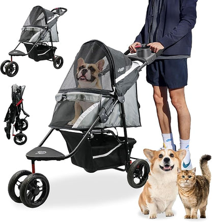 Petique Revolutionary Durable Pet Stroller, Easy Fold, Quality mesh Windows, Large Storage Basket, Secure Cup Holder Tray, Small/Medium Dogs, Cats and Pets, Supports up to 55LBS - Galaxy (Gray)