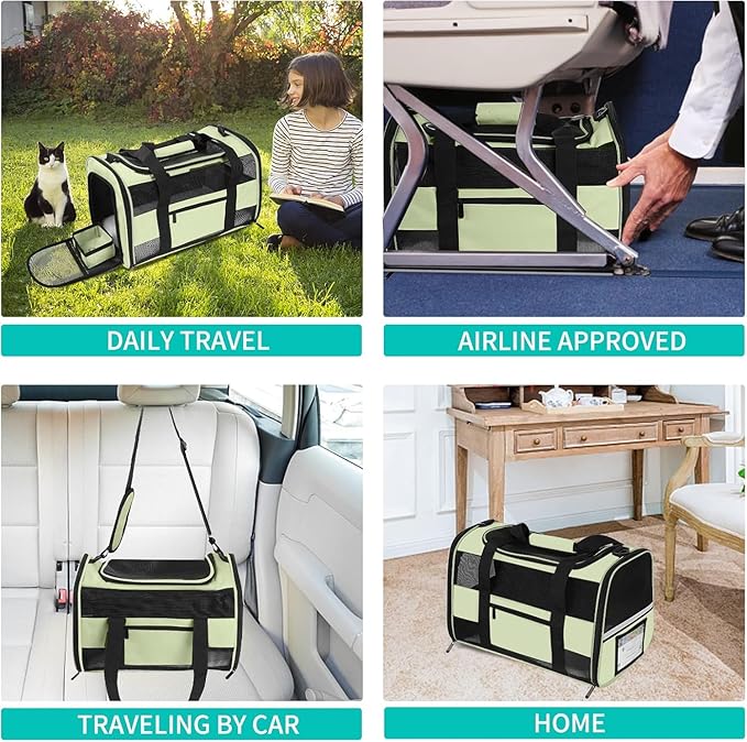 Soft Side Cat Carrier Airline Approved for Puppy Kitten Dog Carriers for Small Medium Cats Under 15lb, Collapsible TSA Approved Travel Pet Carrier, Green