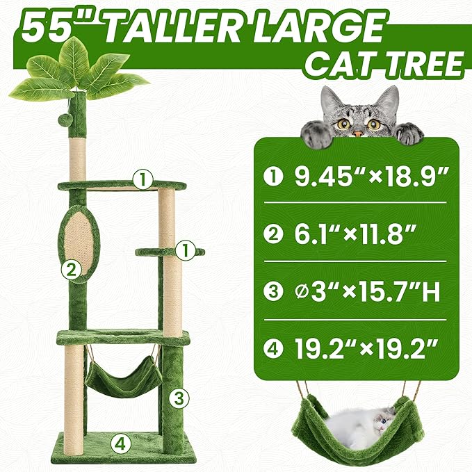 55 Inch Large Cat Tree Tower for Indoor Cats with Hammock Green Leaves Sisal Scratching Post, Plush Hang Ball Play Furniture for Kittens & Adult Cats, Green