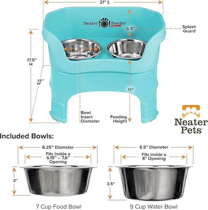 Neater Feeder Deluxe Mess-Proof Elevated Dog Bowls for Large Dogs (40+ lbs), 2 Height Adjustable (14.5” & 17.5”) No-Spill Raised Dog Bowl Stand, Stainless Steel Food Bowl Set, Made in USA, Aquamarine