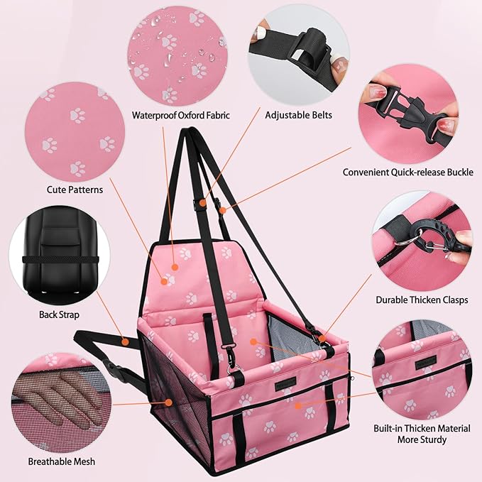 PetsHome Dog Car Seat Foldable Dog Car Booster Seat Waterproof Breathable Oxford Travel Bag for Small to Medium Dogs, Puppies, and Pets-Footprint Pink