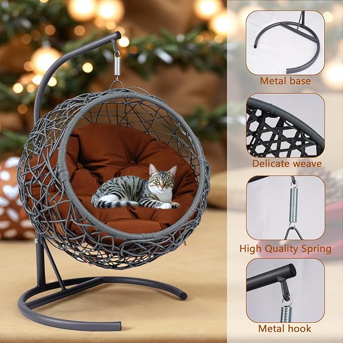 Cat Egg Chair with Stand & Cushion, Cat Swing Bed with Rattan Wicker Appearance, Hanging Chair for Indoor Cats Pet Kitten Puppy Small Dogs (Brown, 17.70 Inch)