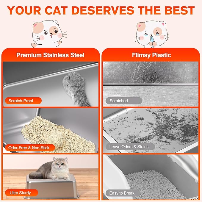 2PACK Stainless Steel Cat Litter Box, 20" L x 13.8" W x12 H Metal Kitty Litter Box with Lid, Never Absorbs Odors, Leak-Proof, Non-Sticky, Easy to Clean, with Scoop