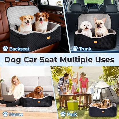 Dog Car Seat for Large Dogs up to 60 lbs or 2 Small Dogs with 4" Memory Foam, Back Seat Medium Pet Booster Seat with Triple Safety Belts, Adjustable Leashes, Detachable/Washable (Black/Gray, Large)