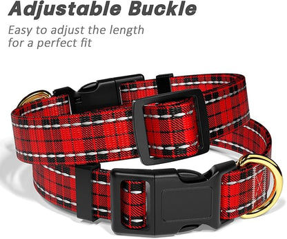 Reflective Dog Collar for Extra Small Dogs, Cute Boho Adjustable Heavy-Duty Nylon Puppy Collar for Boy and Girl Female, Soft Pet Accessories with Quick Release Buckle, Black Red Tartan