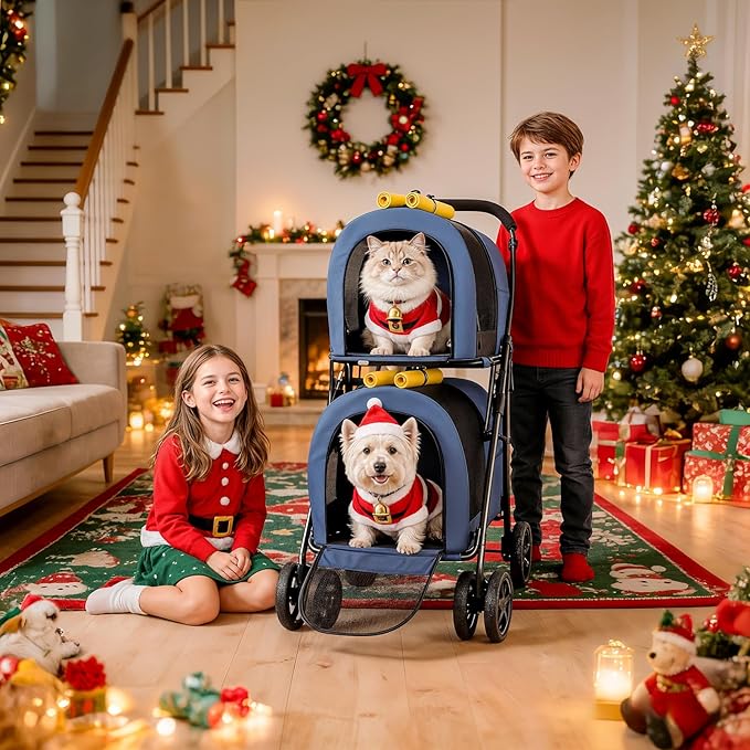 MoNiBloom Double Dog Stroller with Detachable Carrier Bags Large 4 Wheels Foldable Jogger for Small and Medium Dog Cats, Navy Blue/Yellow