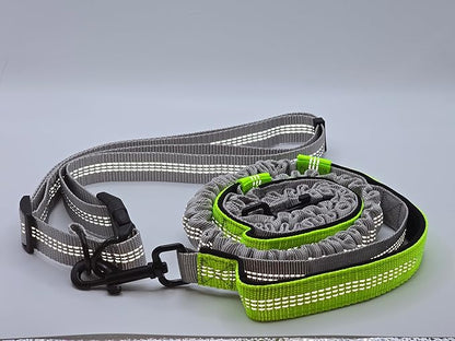 Hands Free Dog Leash with Adjustable Waist Belt, Dual Padded Handles, Elastic Bungee Ropes for Small to Large Dogs, Reflective Stitches for Walking, Hiking, Running and Biking. (Gray/Green, Large)