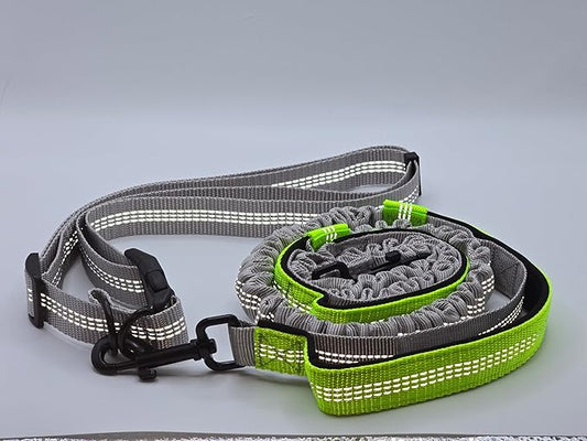 Hands Free Dog Leash with Adjustable Waist Belt, Dual Padded Handles, Elastic Bungee Ropes for Small to Large Dogs, Reflective Stitches for Walking, Hiking, Running and Biking. (Gray/Green, Large)