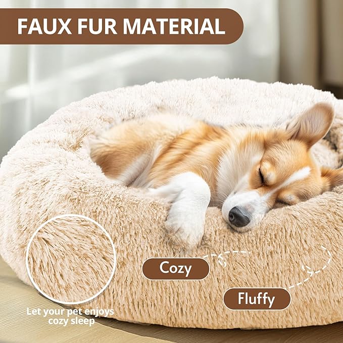 JOLLYVOGUE Calming Dog Beds Large Sized Dog, 36in Donut Washable Large Pet Bed, Anti-Slip & Anti-Anxiety Fluffy Faux Fur Round Dogs Bed, Fits up to 80 lbs Pets (Off White)