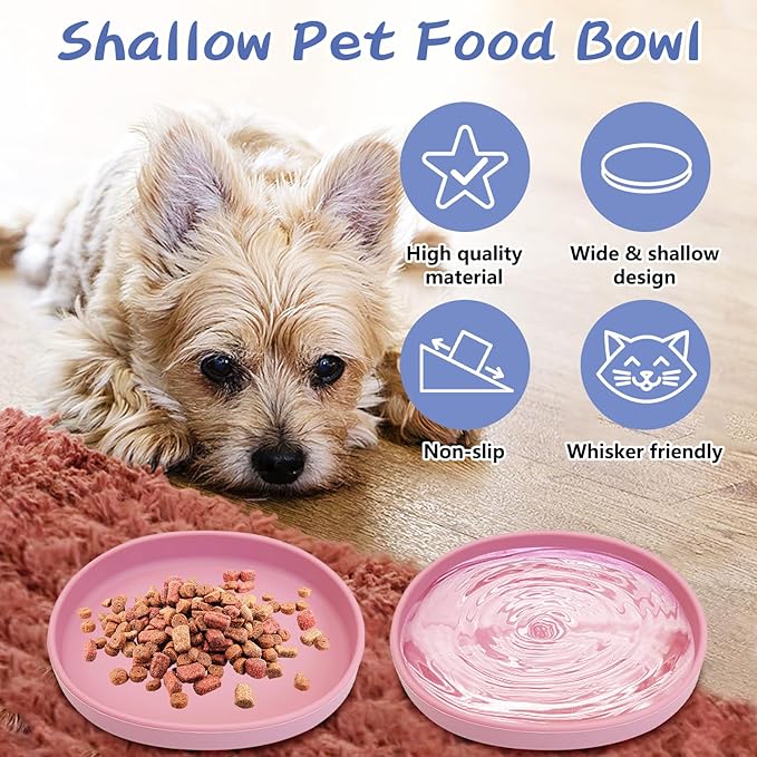Fhiny 2 PCS Silicone Cat Food Bowls Shallow Dog Bowl 7" Non-Slip Pet Feeding Dishes for Dry and Wet Food Whisker Fatigue Cat Plates for Kitten Puppy and Small Pets (Pink)
