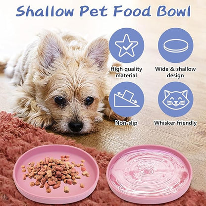 Fhiny 2 PCS Silicone Cat Food Bowls Shallow Dog Bowl 7" Non-Slip Pet Feeding Dishes for Dry and Wet Food Whisker Fatigue Cat Plates for Kitten Puppy and Small Pets (Pink)